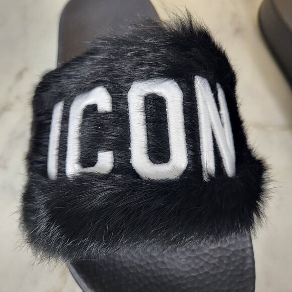 NWB~$825~DSQUARED2~8/8.5~ICON BLACK WHITE GENUINE RABBIT FUR SANDALS SLIDES - Picture 2 of 16